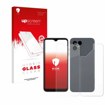 Parte frontal de un envase de producto con el logotipo de la marca upscreen. Al lado se muestra el dispositivo Fairphone 4 (Fr