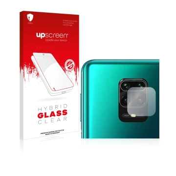Parte frontal de un envase de producto con el logotipo de la marca upscreen. Al lado se muestra el dispositivo Xiaomi Redmi No