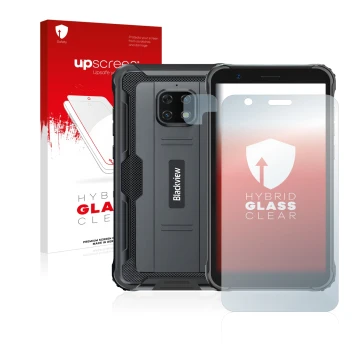 Parte frontal de un envase de producto con el logotipo de la marca upscreen. Al lado se muestra el dispositivo Blackview BV490