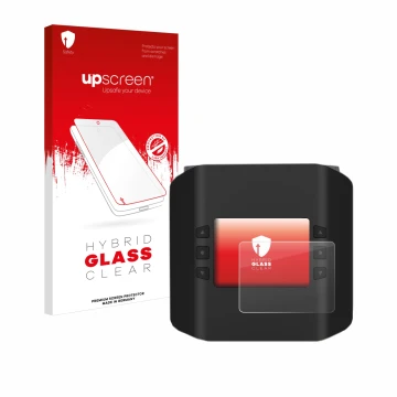 Parte frontal de un envase de producto con el logotipo de la marca upscreen. Al lado se muestra el dispositivo ISDT Smart Duo 
