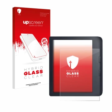 Parte frontal de un envase de producto con el logotipo de la marca upscreen. Al lado se muestra el dispositivo Kobo Libra 2 co