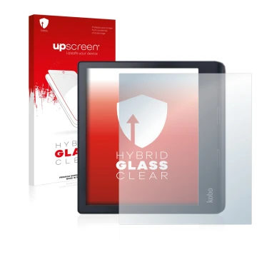 Parte frontal de un envase de producto con el logotipo de la marca upscreen. Al lado se muestra el dispositivo Kobo Sage con s