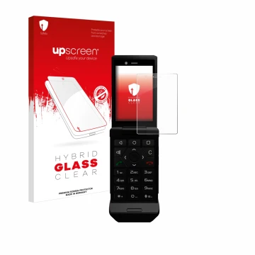 Parte frontal de un envase de producto con el logotipo de la marca upscreen. Al lado se muestra el dispositivo Caterpillar Cat