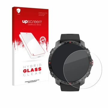 Parte frontal de un envase de producto con el logotipo de la marca upscreen. Al lado se muestra el dispositivo Polar Grit X Pr