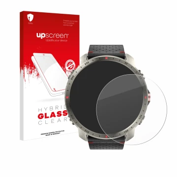 Parte frontal de un envase de producto con el logotipo de la marca upscreen. Al lado se muestra el dispositivo Polar Grit X Pr