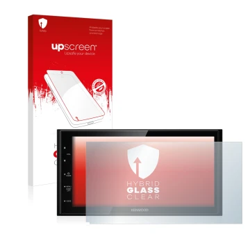 Parte frontal de un envase de producto con el logotipo de la marca upscreen. Al lado se muestra el dispositivo Kenwood DMX5020