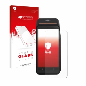 Parte frontal de un envase de producto con el logotipo de la marca upscreen. Al lado se muestra el dispositivo ingenico Axium 