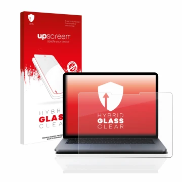 Parte frontal de un envase de producto con el logotipo de la marca upscreen. Al lado se muestra el dispositivo Microsoft Surfa