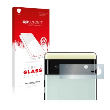 Parte frontal de un envase de producto con el logotipo de la marca upscreen. Al lado se muestra el dispositivo Google Pixel 6 