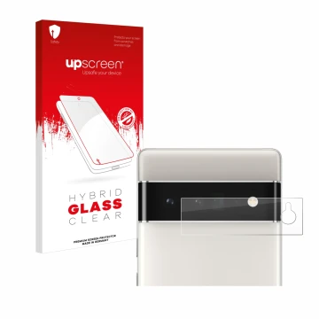 Parte frontal de un envase de producto con el logotipo de la marca upscreen. Al lado se muestra el dispositivo Google Pixel 6 