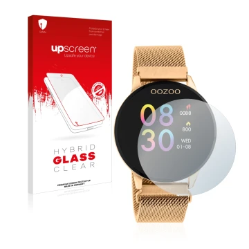 Parte frontal de un envase de producto con el logotipo de la marca upscreen. Al lado se muestra el dispositivo Oozoo Q00117 co