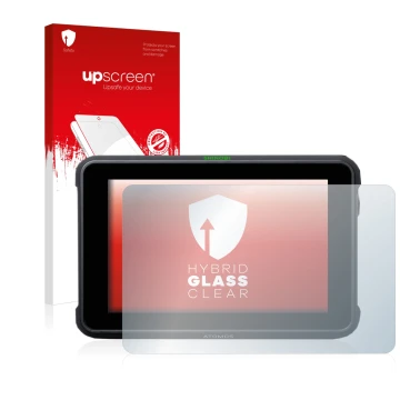 Parte frontal de un envase de producto con el logotipo de la marca upscreen. Al lado se muestra el dispositivo Atomos Shinobi 