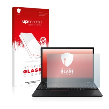 Parte frontal de un envase de producto con el logotipo de la marca upscreen. Al lado se muestra el dispositivo Lenovo ThinkPad