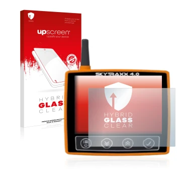 Parte frontal de un envase de producto con el logotipo de la marca upscreen. Al lado se muestra el dispositivo Skytraxx 4.0 co