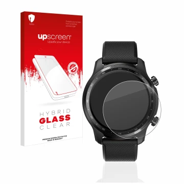 Parte frontal de un envase de producto con el logotipo de la marca upscreen. Al lado se muestra el dispositivo Mobvoi Ticwatch
