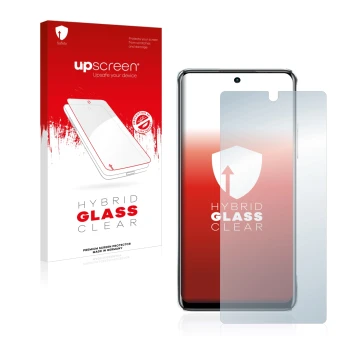 Parte frontal de un envase de producto con el logotipo de la marca upscreen. Al lado se muestra el dispositivo Infinix Note 11