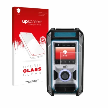 Parte frontal de un envase de producto con el logotipo de la marca upscreen. Al lado se muestra el dispositivo Makita DMR115 c