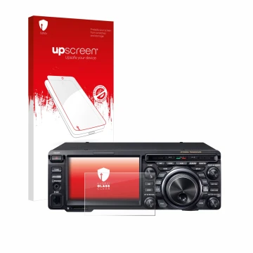 Parte frontal de un envase de producto con el logotipo de la marca upscreen. Al lado se muestra el dispositivo Yaesu FT-DX10 c