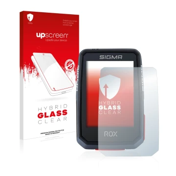 Parte frontal de un envase de producto con el logotipo de la marca upscreen. Al lado se muestra el dispositivo Sigma ROX 2.0 c
