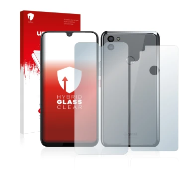 Parte frontal de un envase de producto con el logotipo de la marca upscreen. Al lado se muestra el dispositivo Gigaset GS5 (Fr