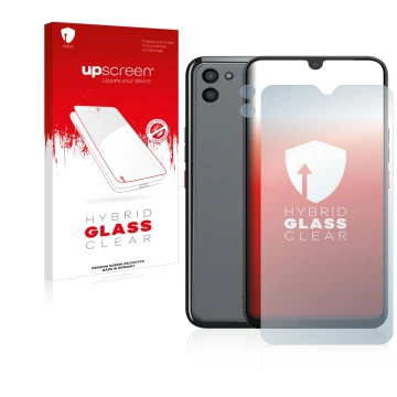 Parte frontal de un envase de producto con el logotipo de la marca upscreen. Al lado se muestra el dispositivo Gigaset GS5 (Fr