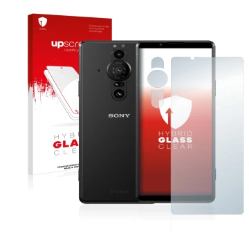 Parte frontal de un envase de producto con el logotipo de la marca upscreen. Al lado se muestra el dispositivo Sony Xperia Pro