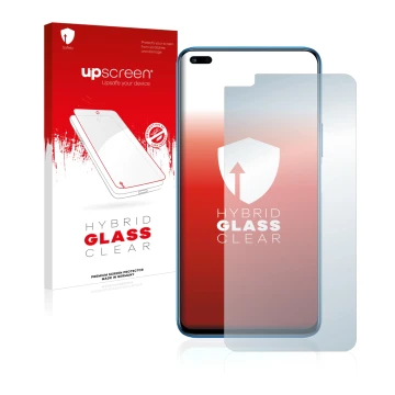 Parte frontal de un envase de producto con el logotipo de la marca upscreen. Al lado se muestra el dispositivo Honor 50 Lite c