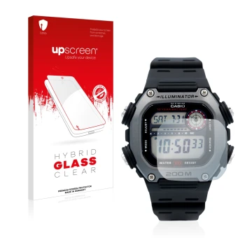 Parte frontal de un envase de producto con el logotipo de la marca upscreen. Al lado se muestra el dispositivo Casio DW-291H c