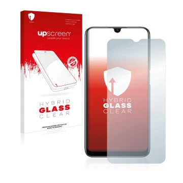 Parte frontal de un envase de producto con el logotipo de la marca upscreen. Al lado se muestra el dispositivo Oppo A54s con s