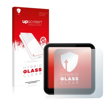 Parte frontal de un envase de producto con el logotipo de la marca upscreen. Al lado se muestra el dispositivo DJI Action 2 co