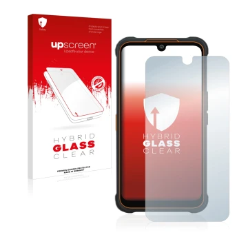 Parte frontal de un envase de producto con el logotipo de la marca upscreen. Al lado se muestra el dispositivo AGM Glory Pro c