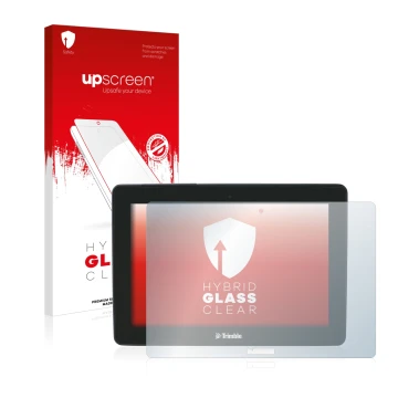 Parte frontal de un envase de producto con el logotipo de la marca upscreen. Al lado se muestra el dispositivo Trimble GFX-750