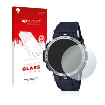 Parte frontal de un envase de producto con el logotipo de la marca upscreen. Al lado se muestra el dispositivo Casio Pro Trek 