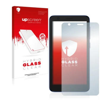 Parte frontal de un envase de producto con el logotipo de la marca upscreen. Al lado se muestra el dispositivo ZTE Blade L9 co