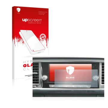 Parte frontal de un envase de producto con el logotipo de la marca upscreen. Al lado se muestra el dispositivo Seat Ateca 2021