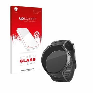 Parte frontal de un envase de producto con el logotipo de la marca upscreen. Al lado se muestra el dispositivo Kiprun 500 con 