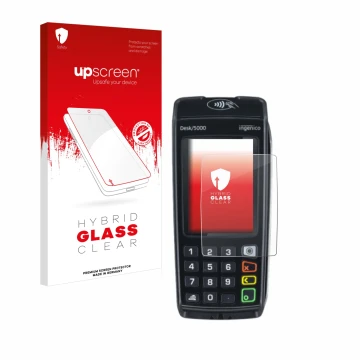 Parte frontal de un envase de producto con el logotipo de la marca upscreen. Al lado se muestra el dispositivo ingenico Desk/5