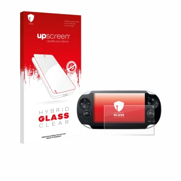 Parte frontal de un envase de producto con el logotipo de la marca upscreen. Al lado se muestra el dispositivo Sony Playstatio