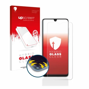 Parte frontal de un envase de producto con el logotipo de la marca upscreen. Al lado se muestra el dispositivo Samsung Galaxy 