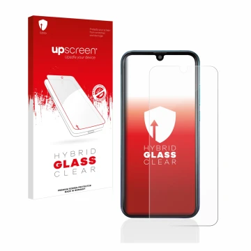 Parte frontal de un envase de producto con el logotipo de la marca upscreen. Al lado se muestra el dispositivo Brondi Midnight