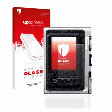 Parte frontal de un envase de producto con el logotipo de la marca upscreen. Al lado se muestra el dispositivo Fujifilm Instax