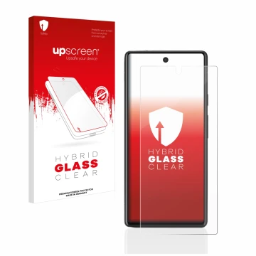 Parte frontal de un envase de producto con el logotipo de la marca upscreen. Al lado se muestra el dispositivo Google Pixel 6a