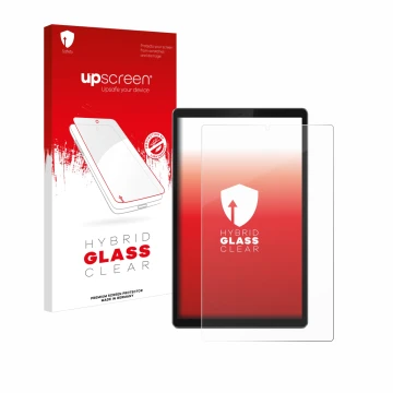 Parte frontal de un envase de producto con el logotipo de la marca upscreen. Al lado se muestra el dispositivo Lenovo Tab TB-X