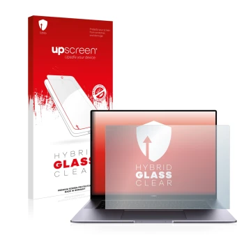 Parte frontal de un envase de producto con el logotipo de la marca upscreen. Al lado se muestra el dispositivo Huawei MateBook