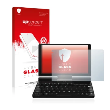 Parte frontal de un envase de producto con el logotipo de la marca upscreen. Al lado se muestra el dispositivo GPD Pocket 3 co