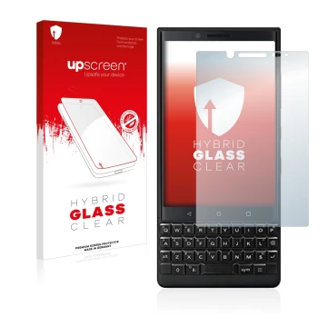 Parte frontal de un envase de producto con el logotipo de la marca upscreen. Al lado se muestra el dispositivo BlackBerry Key2