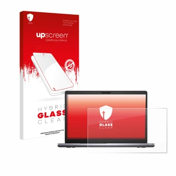 Parte frontal de un envase de producto con el logotipo de la marca upscreen. Al lado se muestra el dispositivo Dell Latitude 5