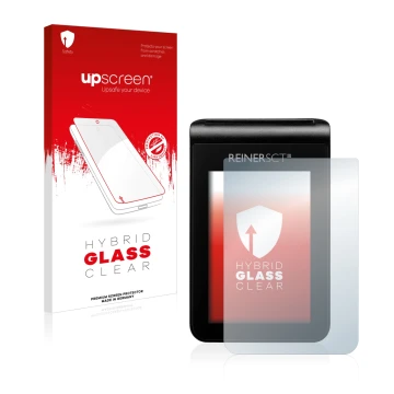 Parte frontal de un envase de producto con el logotipo de la marca upscreen. Al lado se muestra el dispositivo REINER SCT tanJ