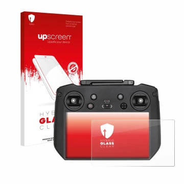 Parte frontal de un envase de producto con el logotipo de la marca upscreen. Al lado se muestra el dispositivo DJI RC Pro con 