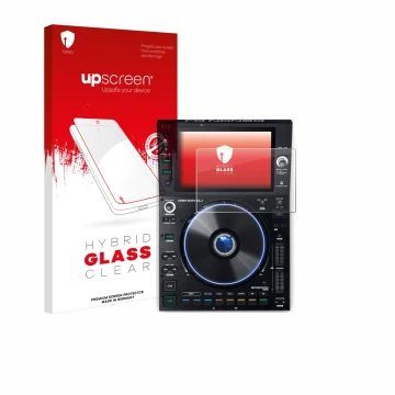 Parte frontal de un envase de producto con el logotipo de la marca upscreen. Al lado se muestra el dispositivo Denon DJ SC6000